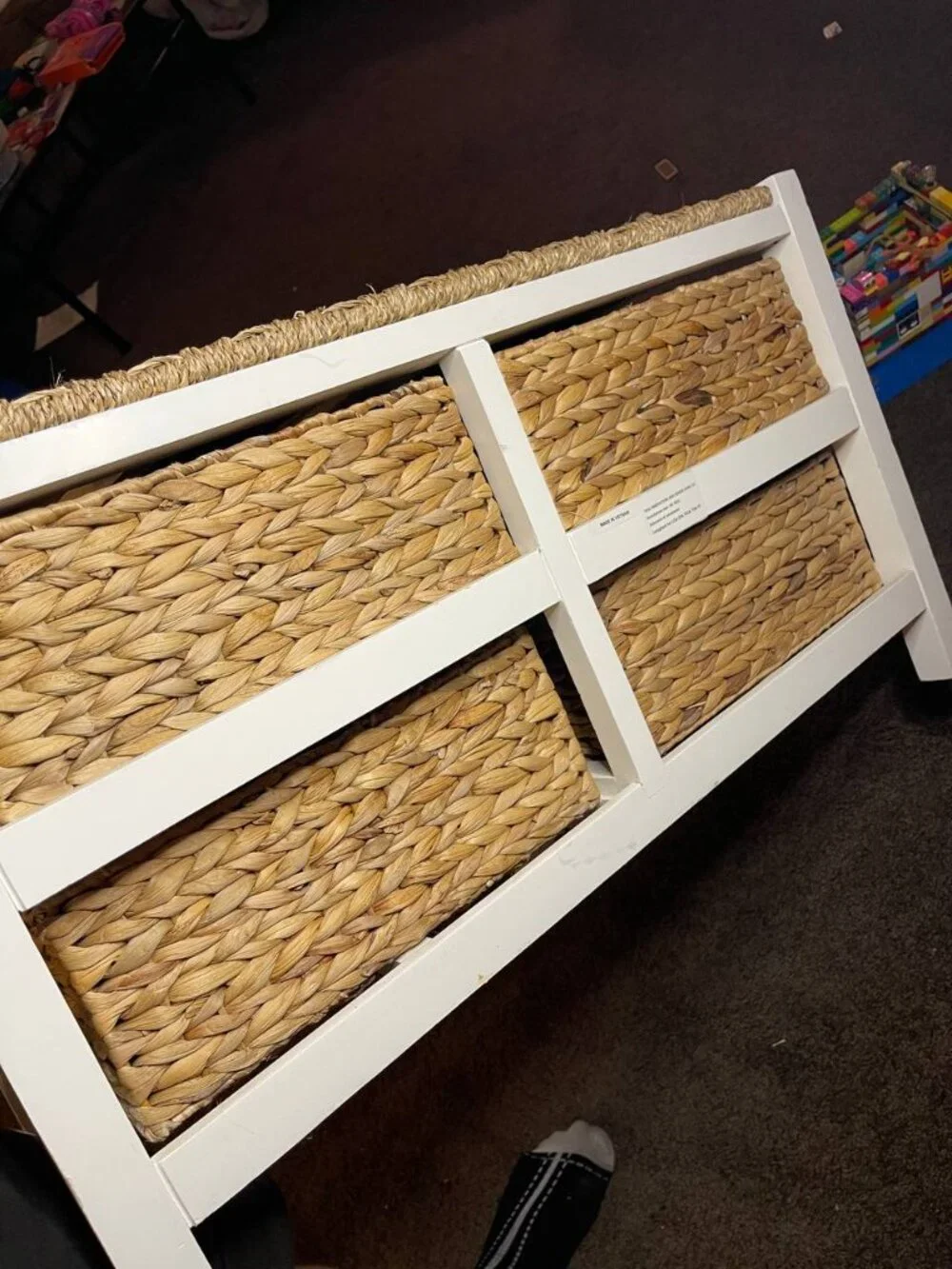 Storage Bench with 4 Wicker Baskets – White & Natural